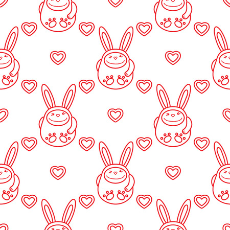 Seamless pattern with cartoon rabbits and hearts. Birthday, Valentine's day, Happy Easter vector background. Festive background. Easter Bunny, rabbit, hare.のイラスト素材