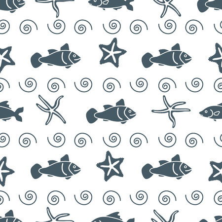 Vector seamless pattern with starfish and fish. Marine background. Design for banner, poster or print.のイラスト素材