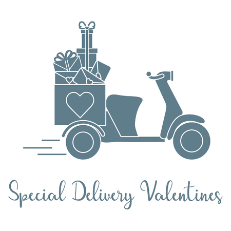 Delivery motorbike. Special delivery valentines. Happy Valentine's Day. Romantic background.のイラスト素材