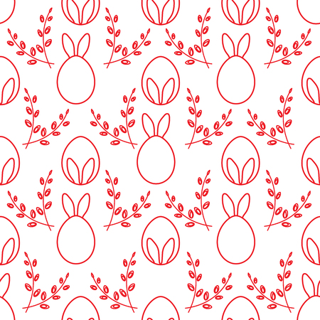 Seamless pattern with Easter Bunny ears, eggs, willow branches. Happy Easter. Festive background. Design for banner, poster or print.のイラスト素材