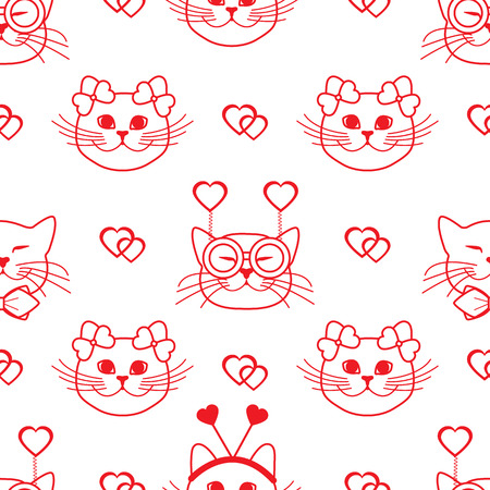 Seamless pattern with muzzle of cats in carnival masks, glasses, tie, bows, headbands and hearts. Greeting card happy Valentine's Day. Romantic background. Carnival festive concept.のイラスト素材