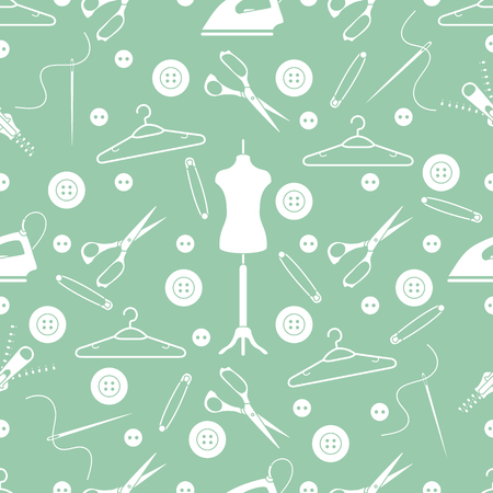 Vector seamless pattern with tools and accessories for sewing. Template for design, fabric, print.のイラスト素材
