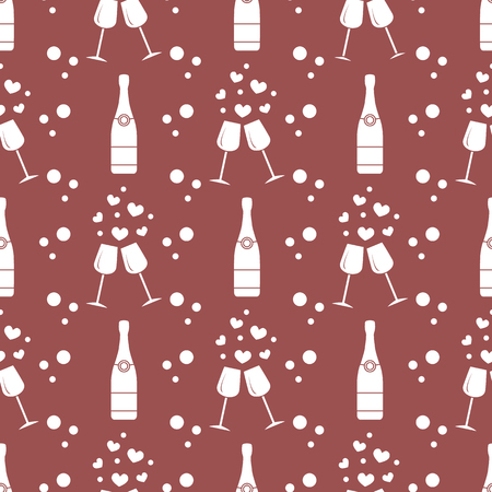 Seamless pattern with champagne glasses, hearts, bottle. Greeting card happy Valentine's Day. Romantic background.のイラスト素材