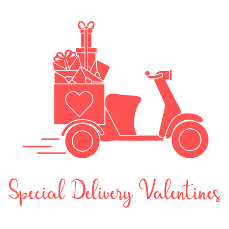 Delivery motorbike. Special delivery valentines. Happy Valentine's Day. Romantic background.のイラスト素材