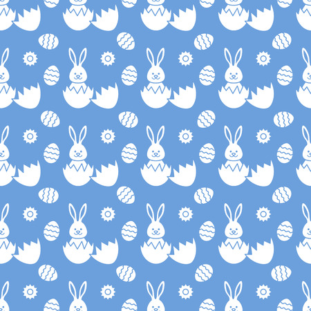 Seamless pattern with Easter Bunny looking out of an egg and decorated eggs. Happy Easter. Festive background. Design for banner, poster or print.のイラスト素材