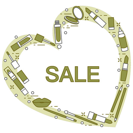 Vector illustration with decorative cosmetics for the lips, located in shape of heart and the inscription sale. Big sale and shopping concept. Design for banner, poster or print.のイラスト素材
