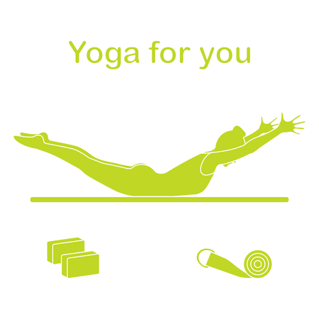 Vector illustration with silhouette of woman in yoga pose, blocks, belt for yoga. Relax and meditate. Healthy lifestyle. Balance training. Design for banner and print.のイラスト素材