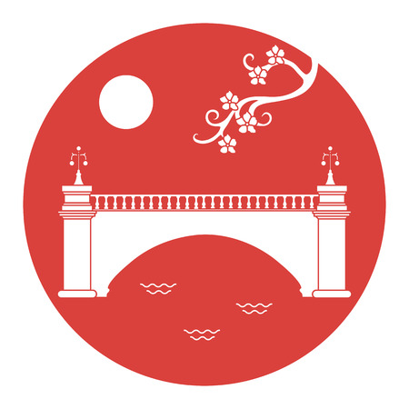 Vector illustration with sakura branch and old bridge. Japan traditional design elements. Branches of cherry blossoms. Travel and leisure.のイラスト素材