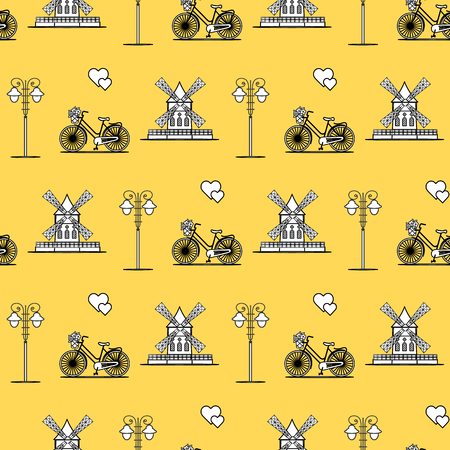 Seamless pattern with windmill, bicycle, lantern. Travel and leisure. Design for banner and print.のイラスト素材
