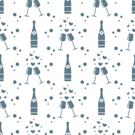 Seamless pattern with champagne glasses, hearts, bottle. Greeting card happy Valentine's Day. Romantic background.のイラスト素材