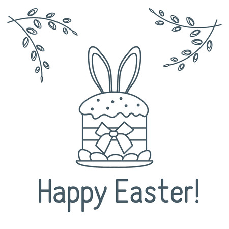 Vector illustration with Easter cake, bunny ears peeking from him, willow branches. Happy Easter. Festive background. Design for banner, poster or print.のイラスト素材