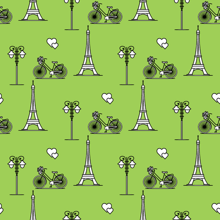 Seamless pattern with famous tower, bicycle, lantern, hearts. Travel and leisure. Valentine's Day. Romantic background.のイラスト素材