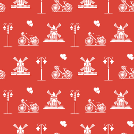 Seamless pattern with windmill, bicycle, lantern. Travel and leisure. Design for banner and print.のイラスト素材