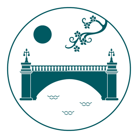 Vector illustration with sakura branch and old bridge. Japan traditional design elements. Branches of cherry blossoms. Travel and leisure.のイラスト素材