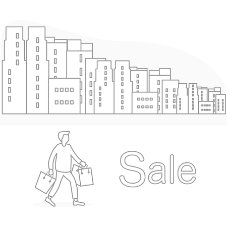 Vector illustration with cityscape, man carry shopping. Big sale and shopping concept. Design for banner, poster or print.のイラスト素材