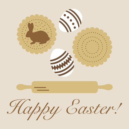 Vector illustration with cookies, rabbit-shaped glaze and without, decorated eggs, rolling pin. Happy Easter. Festive background. Design for banner, poster or print.のイラスト素材
