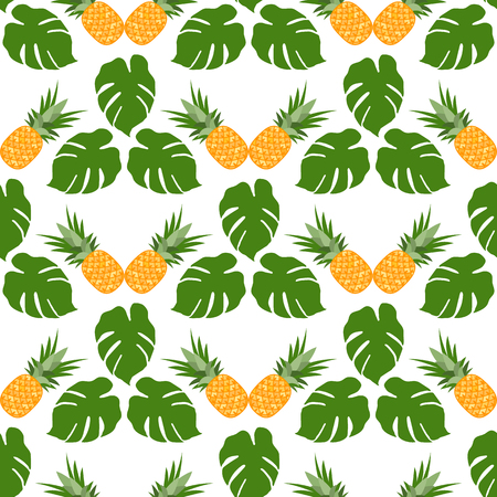 Vector seamless pattern with pineapples, monstera leaves. Tropical fruit. Summer background.のイラスト素材