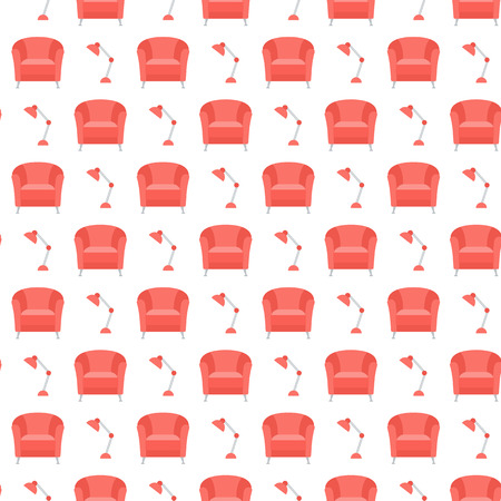 Vector seamless pattern with armchair, lamp. Cushioned furniture. Design for banner, poster or print.のイラスト素材