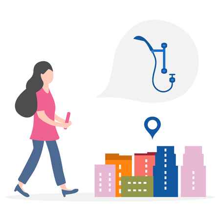 Application of augmented reality: AR for navigation in city. Girl with modern device plans to buy shower in a mall in city. Navigation pointers to shops.のイラスト素材