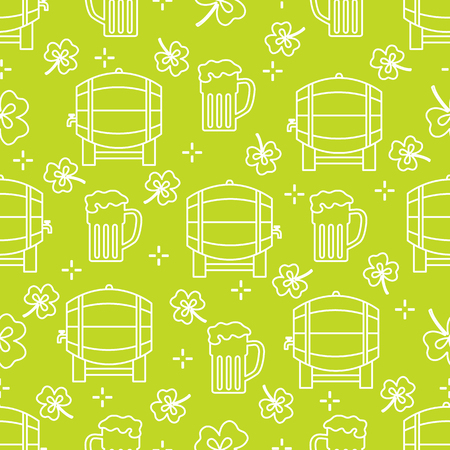 Seamless pattern with clover leaves, beer barrel, beer mug. St. Patrick's Day. Holiday background. Irish vector pattern. Design for banner, poster, textile, print.のイラスト素材