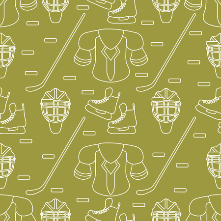 Seamless pattern with skates, goalkeeper mask, hockey stick, ice hockey puck, hockey shoulder pads. Winter sports background. Hockey equipment. Games, hobbies, entertainment.のイラスト素材