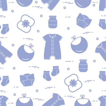 Seamless pattern with goods for babies. Newborn baby background. Bib, baby food can, rattle, socks, diapers, bodysuit.のイラスト素材