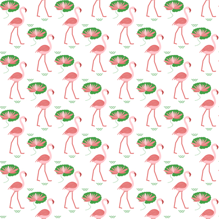 Seamless pattern with flamingo, flowers and leaves water lilies. Tropical exotic bird background. Design for poster or print.のイラスト素材