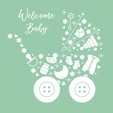 Vector illustration with baby stroller, goods for babies. Newborn baby background. Baby nipple, socks, diaper, bodysuit, duck, bib, baby food jar, pyramid, rattle.のイラスト素材