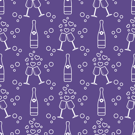 Seamless pattern with champagne glasses, hearts, bottle. Greeting card happy Valentine's Day. Romantic background.のイラスト素材
