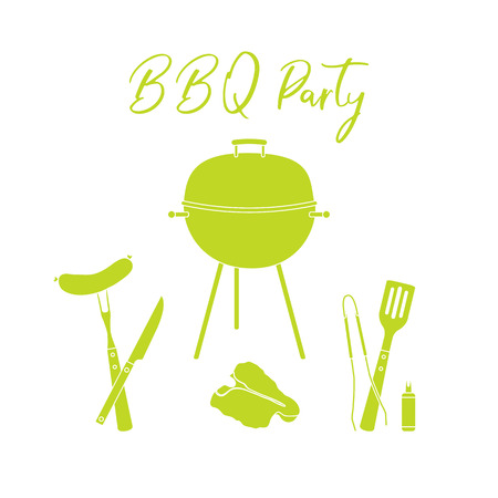Vector illustration with grill and barbecue tools. BBQ party background. Design for party card, banner, poster or print.のイラスト素材