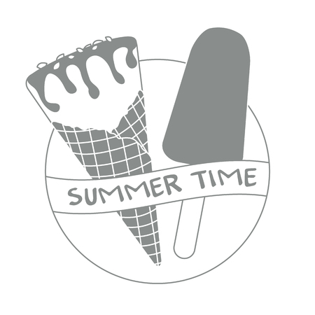 Vector illustration with delicious ice cream cone and ice lolly. Inscription summer time.のイラスト素材