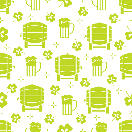Seamless pattern with clover leaves, beer barrel, beer mug. St. Patrick's Day. Holiday background. Irish vector pattern. Design for banner, poster, textile, print.のイラスト素材