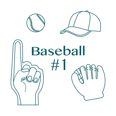 Vector illustration with baseball foam finger, ball, cap, glove. Sports background. Design for banner, poster or print.のイラスト素材