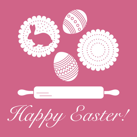 Vector illustration with cookies, rabbit-shaped glaze and without, decorated eggs, rolling pin. Happy Easter. Festive background. Design for banner, poster or print.のイラスト素材