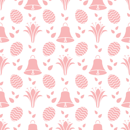 Seamless pattern with bells, lilies, decorated eggs. Happy Easter. Festive background. Design for banner, poster or print.のイラスト素材