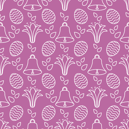 Seamless pattern with bells, lilies, decorated eggs. Happy Easter. Festive background. Design for banner, poster or print.のイラスト素材
