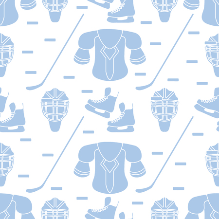 Seamless pattern with skates, goalkeeper mask, hockey stick, ice hockey puck, hockey shoulder pads. Winter sports background. Hockey equipment. Games, hobbies, entertainment.のイラスト素材