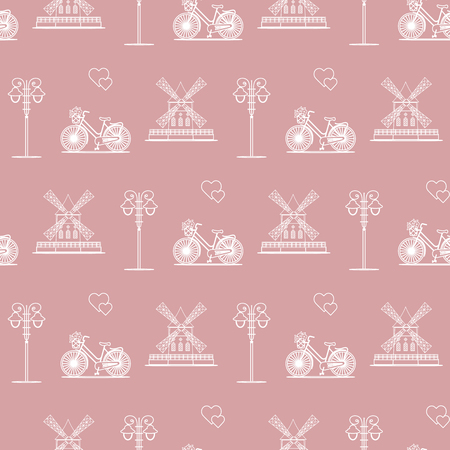 Seamless pattern with windmill, bicycle, lantern. Travel and leisure. Design for banner and print.のイラスト素材