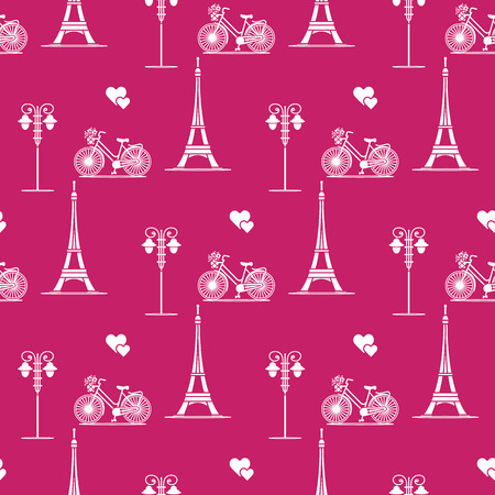 Seamless pattern with famous tower, bicycle, lantern, hearts. Travel and leisure. Valentine's Day. Romantic background.のイラスト素材