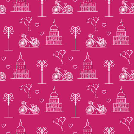 Seamless pattern with famous building, bicycle, lantern, balloons, hearts. Travel and leisure. Valentine's Day. Romantic background.のイラスト素材