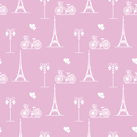 Seamless pattern with famous tower, bicycle, lantern, hearts. Travel and leisure. Valentine's Day. Romantic background.のイラスト素材