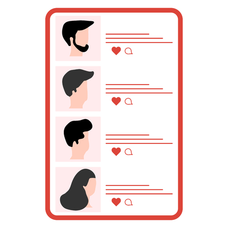 Vector illustration with online dating. Modern technology for dating. Virtual relationship and love. Communication between people through network. Design for app, banner, poster or print.のイラスト素材