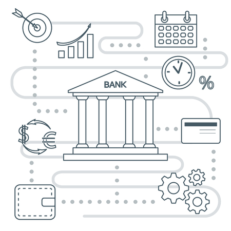 Vector illustration with banking line icon. Bank building, credit card, percentage, profit growth chart, currency exchange, gears, wallet. Finance, money investment. Design for websites, printのイラスト素材