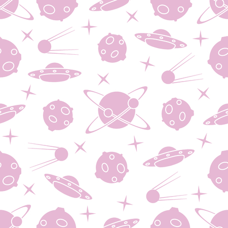Vector seamless pattern with UFO, satellite, planets, stars. Space exploration. Astronomy. Science background.のイラスト素材