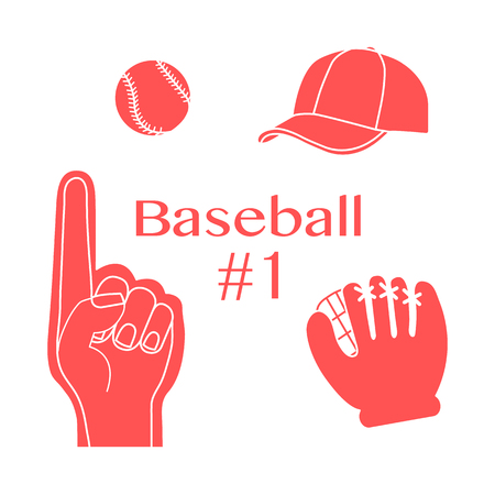 Vector illustration with baseball foam finger, ball, cap, glove. Sports background. Design for banner, poster or print.のイラスト素材