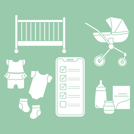 Vector illustration with smartphone with checklist, newborn baby accessories. Pram, crib, bottle, baby food can, socks, bodysuits. Online shopping.のイラスト素材