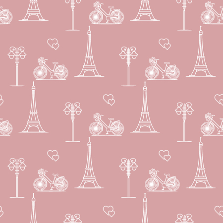 Seamless pattern with famous tower, bicycle, lantern, hearts. Travel and leisure. Valentine's Day. Romantic background.のイラスト素材