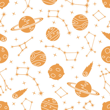 Seamless vector pattern with constellations, planets, Saturn, comet. Space exploration. Astronomy. Science. Design for astronomy apps, websites, print.のイラスト素材