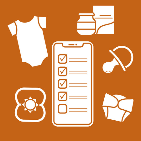Vector illustration with smartphone with checklist, newborn baby accessories.  Bodysuit, baby food can, diapers, nipple, rattle. Online shopping.のイラスト素材