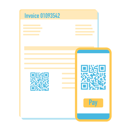 Vector illustration with phone scan qr code for payment invoice. Electronic, digital technology, barcode. Design for web page, banner, presentation, social media, poster, print. Flat style.のイラスト素材